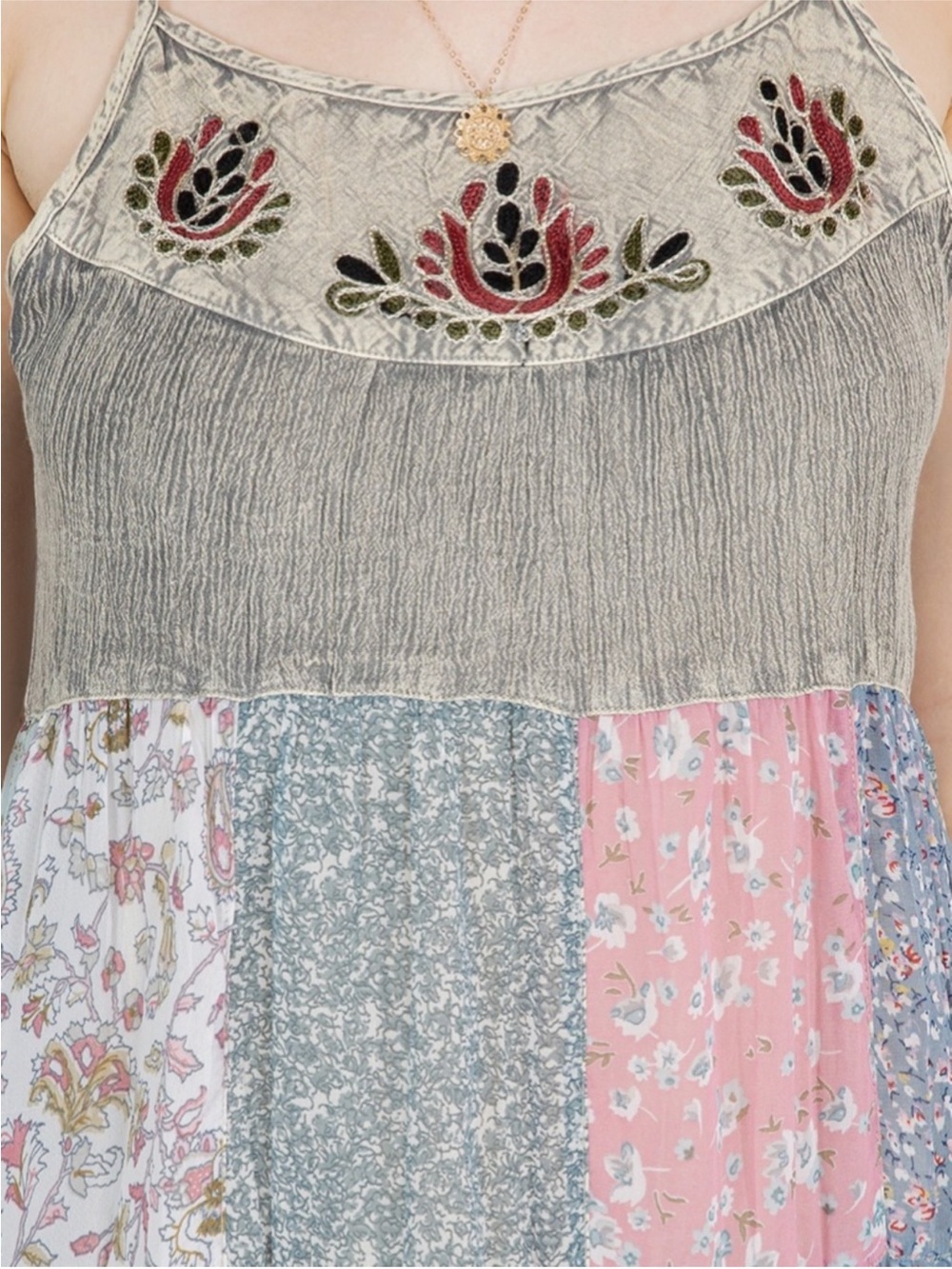 NWT: Young Threads Embroidered Mixed Patchwork Mini Dress• Medium - Picture 5 of 6